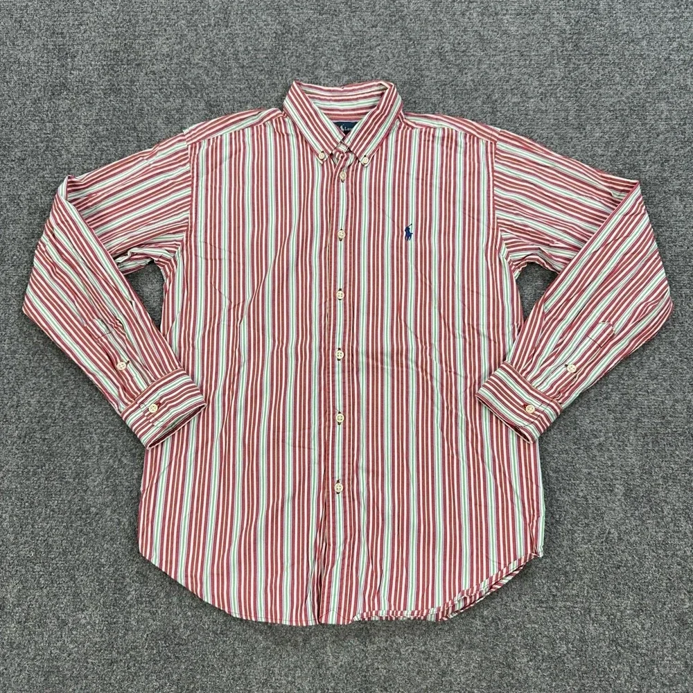 VTG Ralph Lauren Shirt Boys L (16/18) Red Striped Long Sleeve Button Down Logo